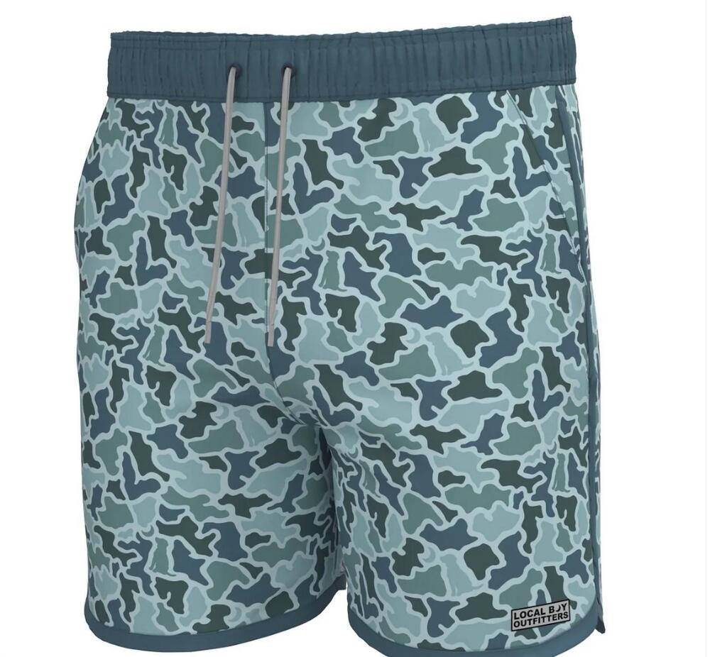 NEW LOCAL BOY OUTFITTERS men's wando swim trunks in blue dog moon camo